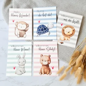 5 Glückwunschkarten zur Geburt | Karten für Jungen und Mädchen | Stripes